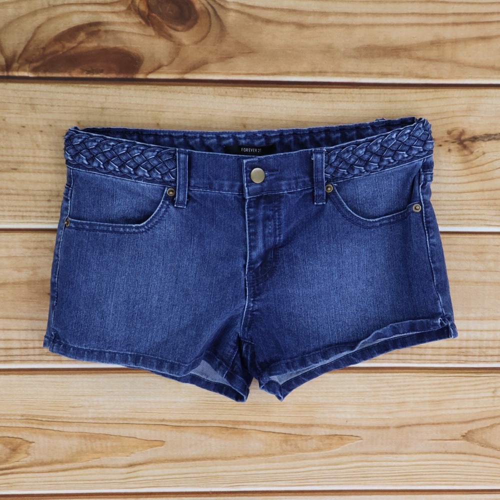 Forever 21 Jean Shorts Womens 30 Blue Cotton Blend Braided Detail Around Waist‎